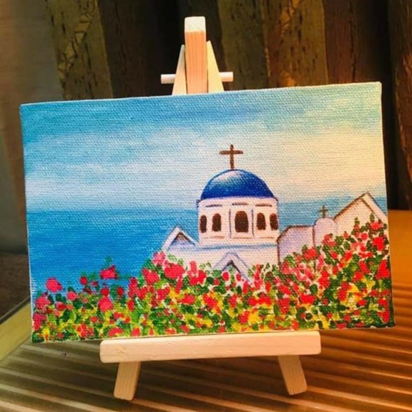 Mini Hand-painted Santorini Canvas Art - Picture 1 of 4
